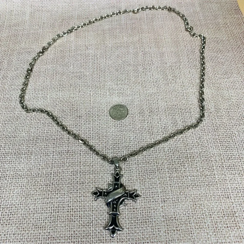 Stainless‎ Steel Black Enamel Scroll Cross Necklace
